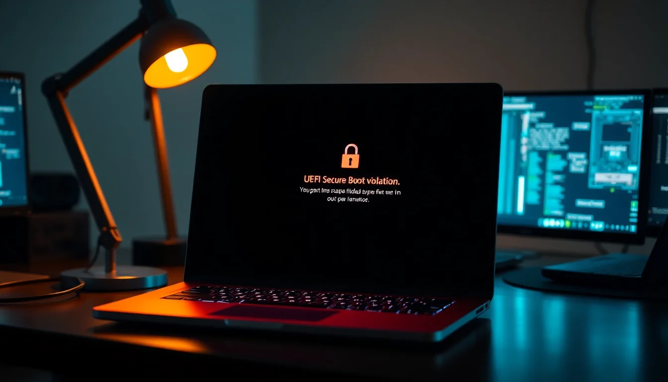 Close-up of a laptop screen displaying a Secure Boot violation error message with a padlock icon, sitting on a clean tech workspace with soft desk lamp lighting, professional focused atmosphere