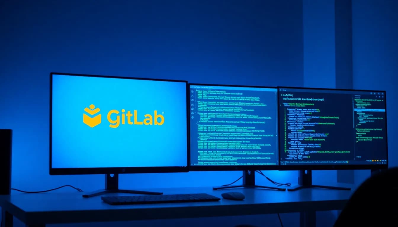 A Windows desktop showing a GitLab web interface loading in a browser alongside a Docker Desktop terminal with container logs