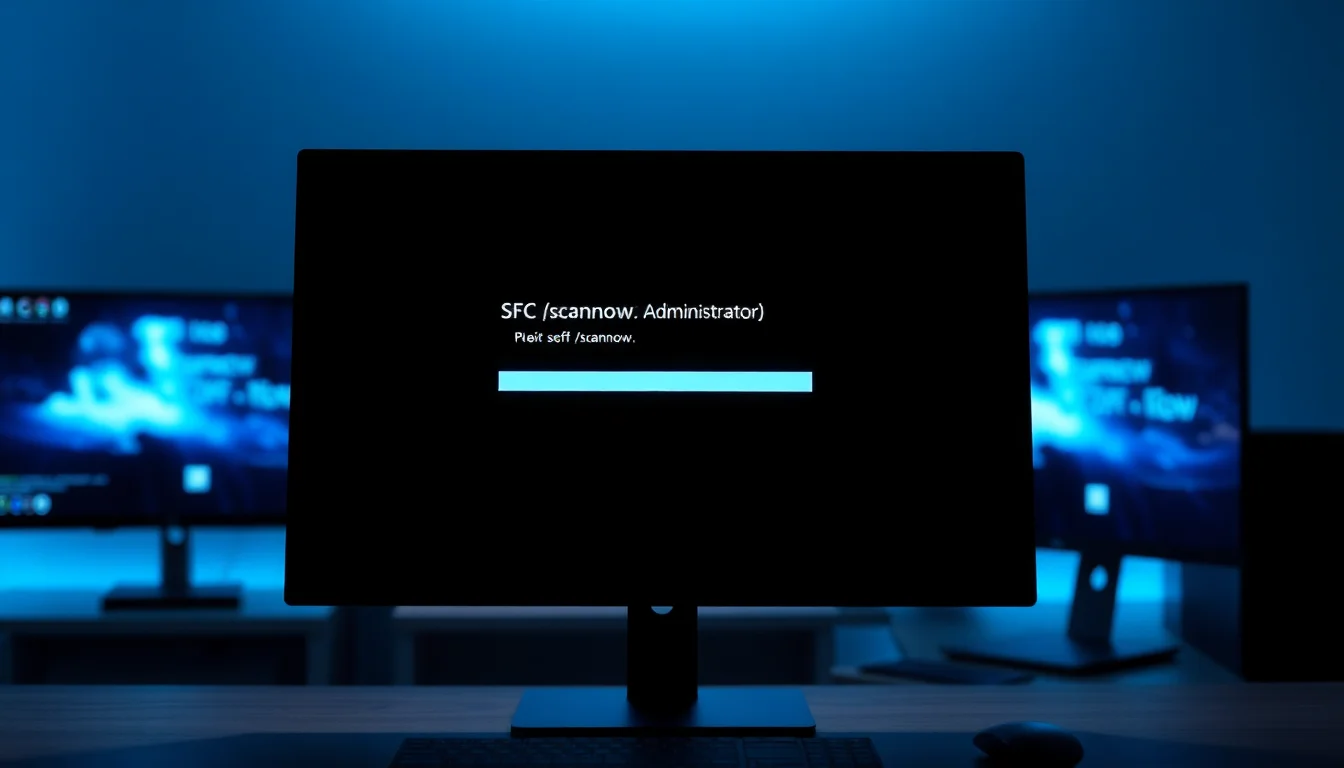 Administrator Command Prompt window showing sfc /scannow command executing with verification progress bar on Windows 11 desktop, cool blue command line interface lighting, focused technical atmosphere