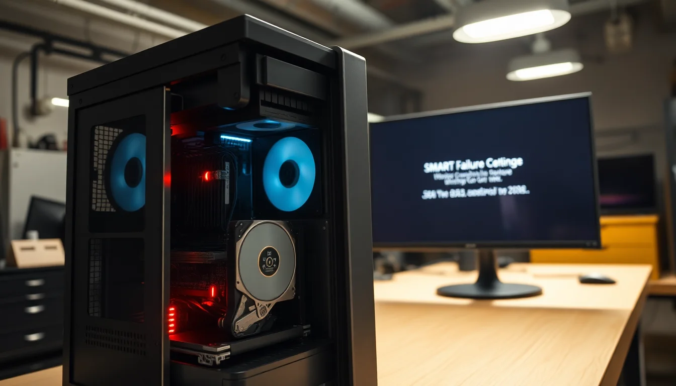 Desktop PC with open case showing internal hard drive, red warning indicator light on motherboard, close-up of SMART error message on external monitor, professional workbench lighting