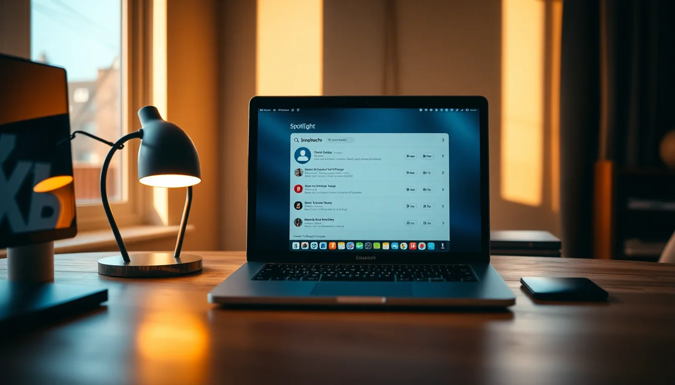MacBook Pro on desk showing Spotlight search interface with missing file results, warm afternoon lighting from side, focused professional atmosphere