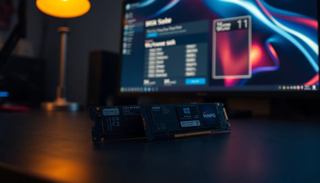 Two NVMe SSDs side by side on a dark workbench with a Windows 11 setup screen visible on monitor in background showing disk selection step