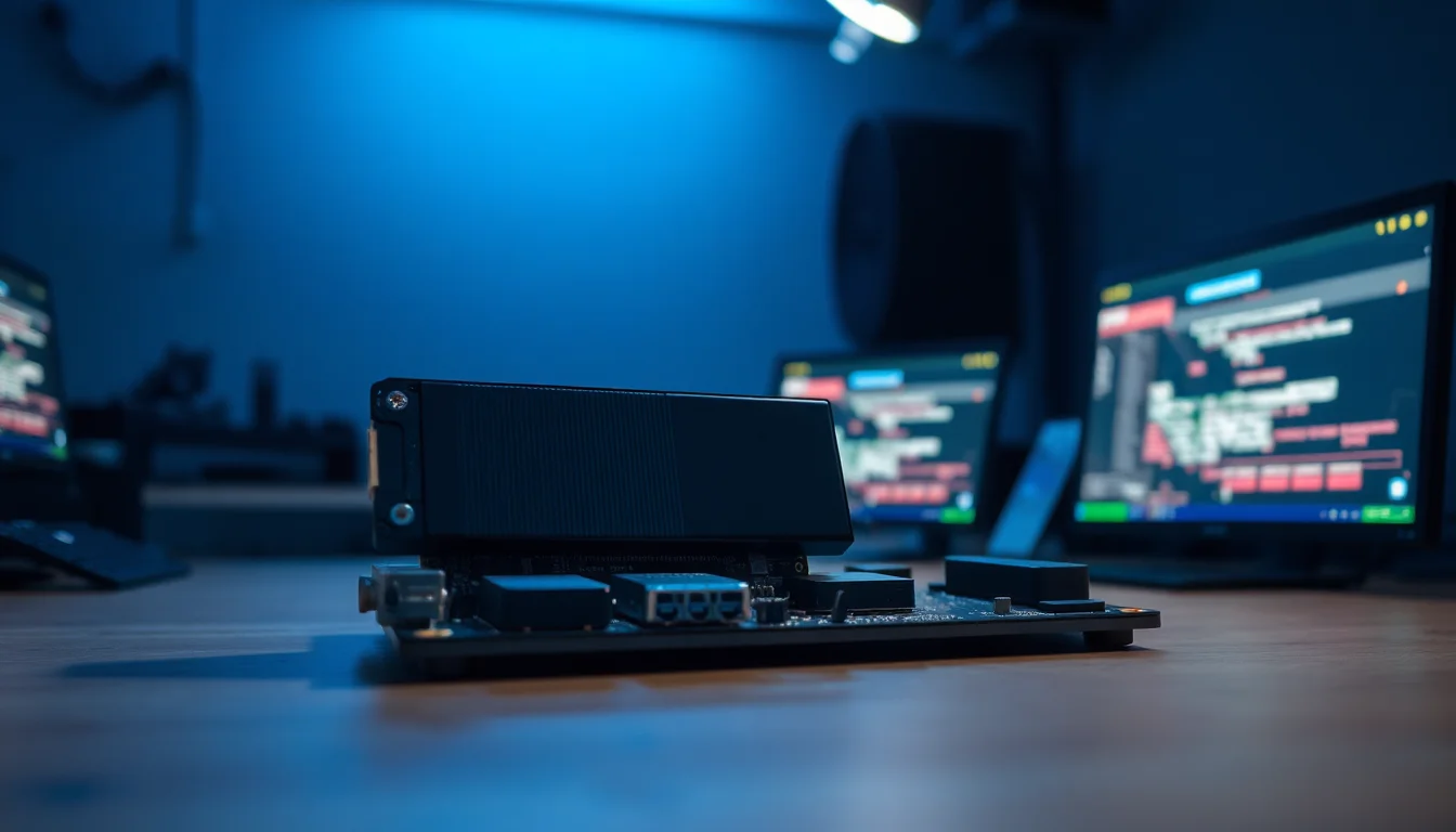 An M.2 NVMe SSD partially unseated from a motherboard slot on a dark workbench showing a BIOS screen with no drive detected warning