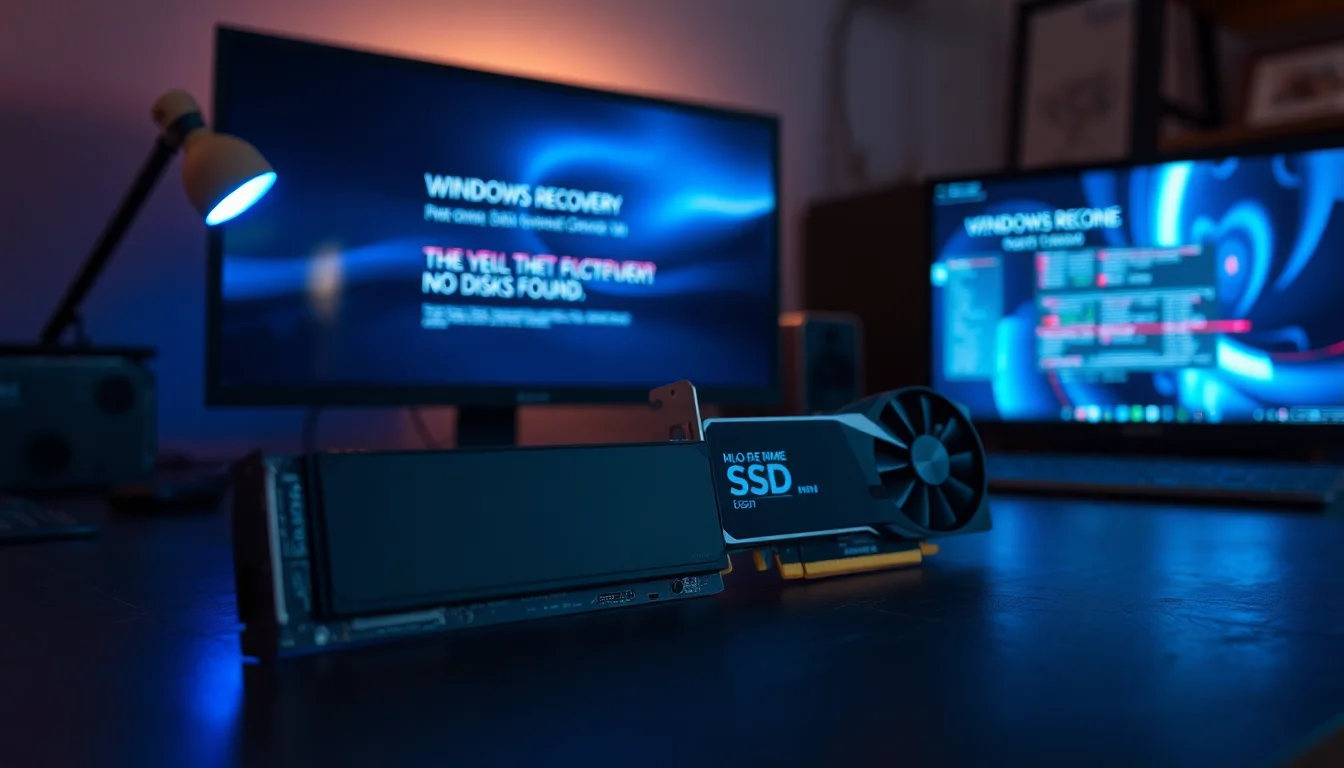 An M.2 SSD removed from a motherboard sitting on a dark slate workbench next to a GPU, showing a Windows recovery error screen in the background