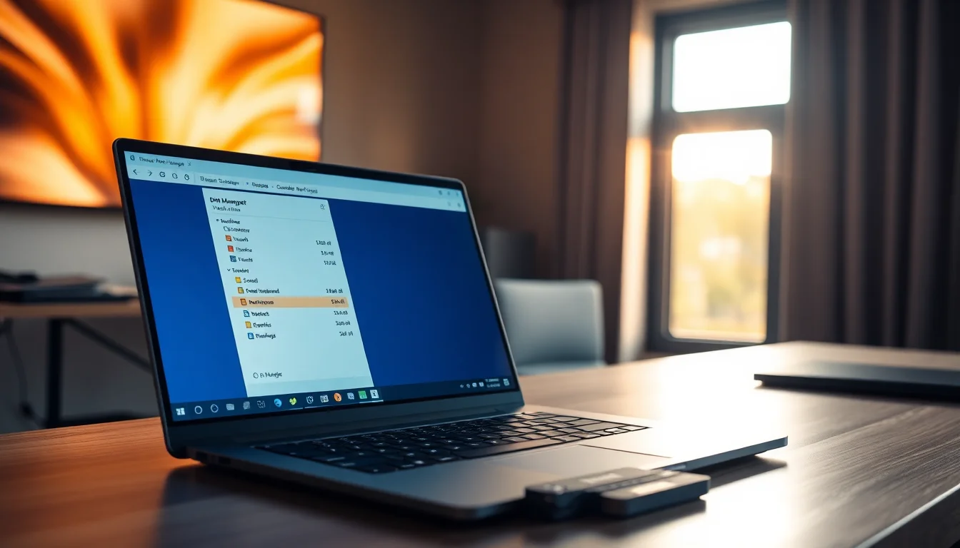 A Windows 11 laptop displaying Disk Management window with an SSD hardware component on a workbench, warm daylight from side, focused technical atmosphere
