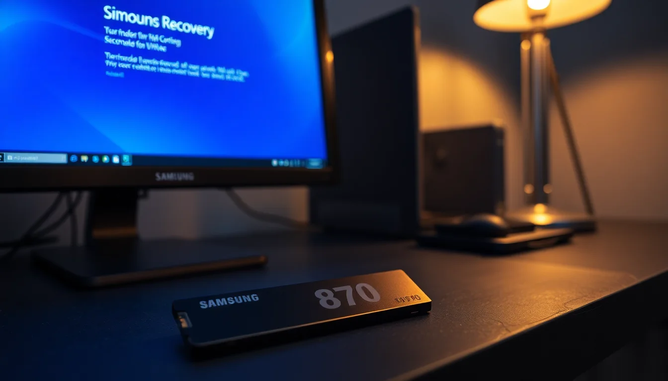 Samsung 870 EVO SSD on a dark slate workbench next to a PC showing Windows Recovery blue screen error
