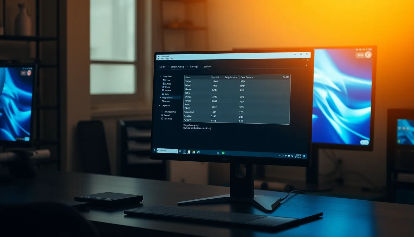 Windows 11 Disk Management window displaying SSD with unallocated space and reduced capacity, desk workbench setup with warm desk lamp lighting, focused diagnostic atmosphere