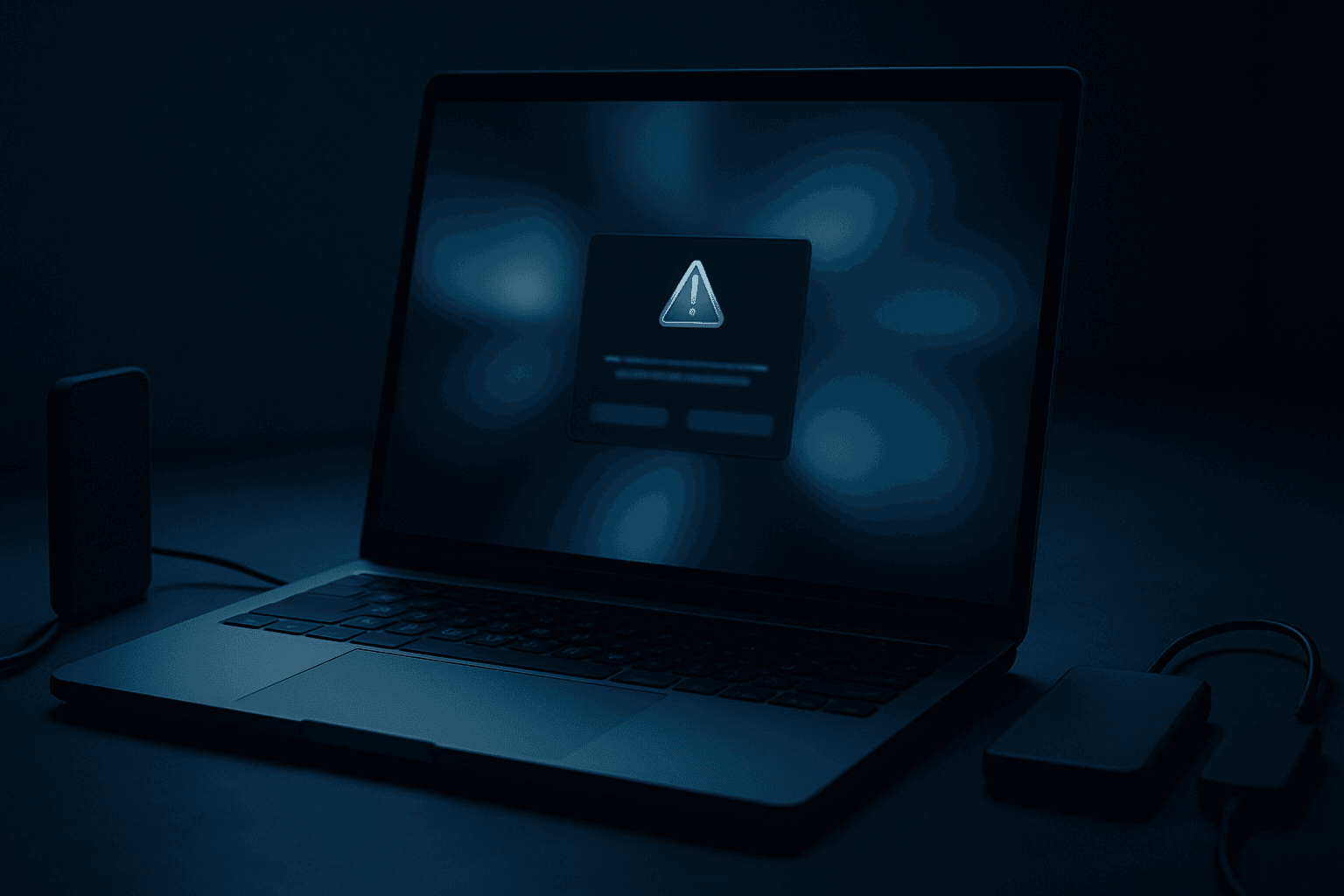 Two external SSDs connected to a MacBook on a dark desk showing a Time Machine backup warning dialog in macOS