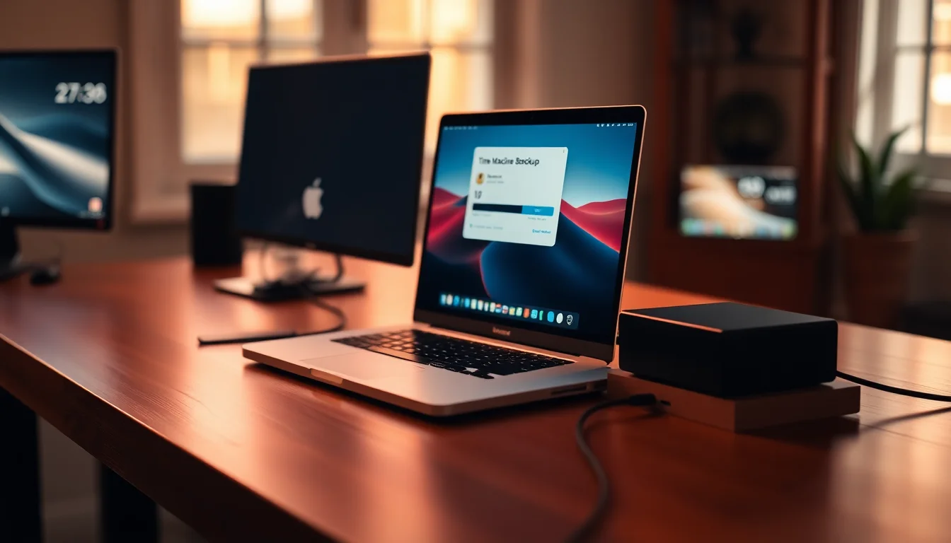 MacBook Pro connected to an external hard drive on a wooden desk showing a Time Machine backup progress window with a very long estimated time remaining