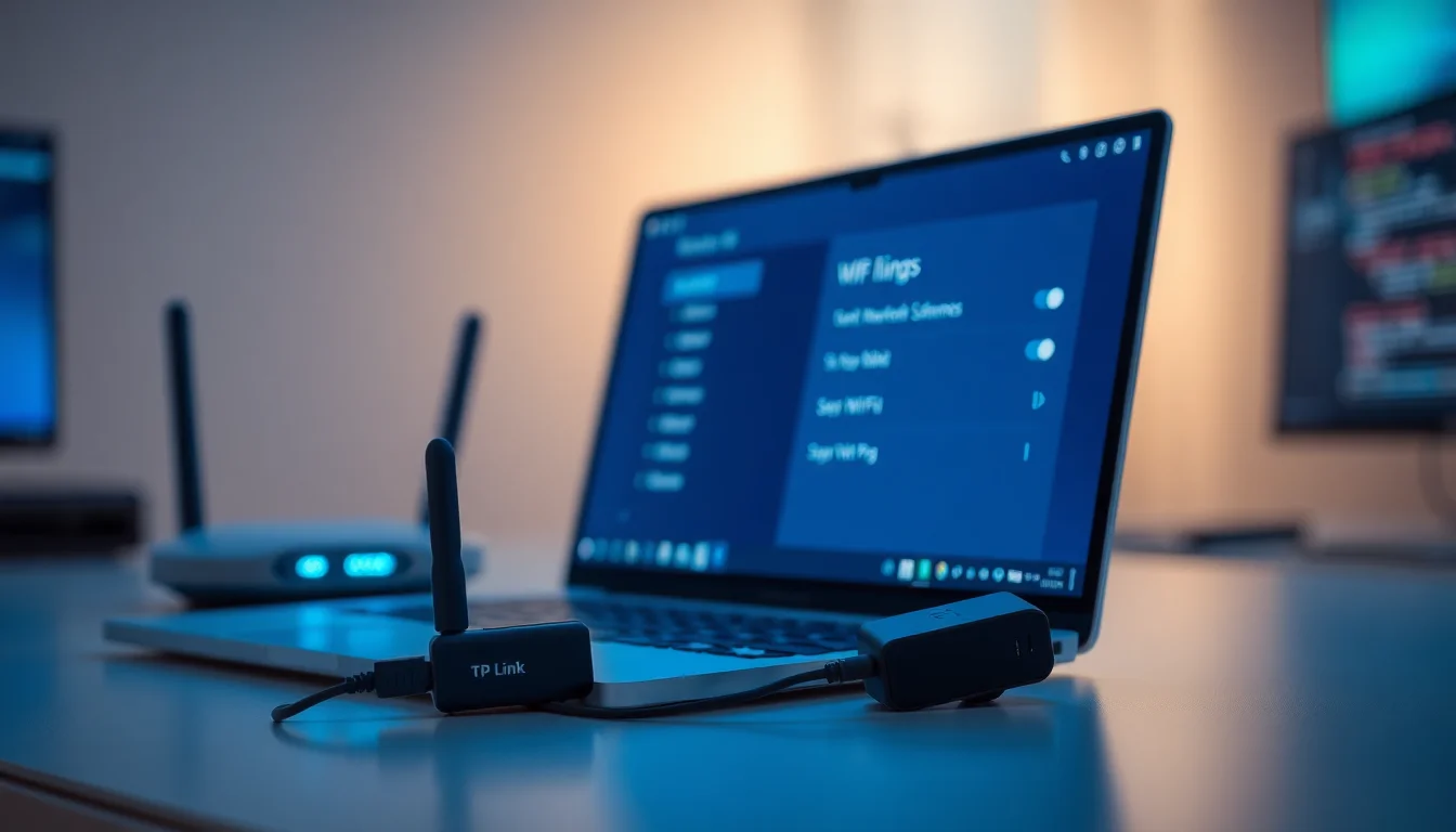 Windows 10 laptop on desk with TP-Link USB WiFi adapter, router in background showing 5GHz network settings, blue light from monitor, focused technical atmosphere
