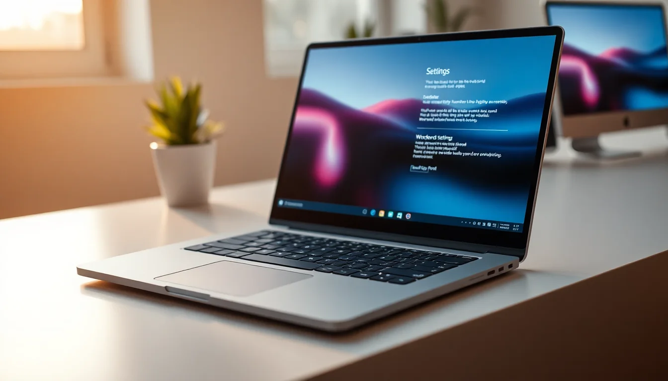 Windows 11 laptop on a modern desk with touchpad highlighted and gesture settings open on screen showing three-finger configuration panel