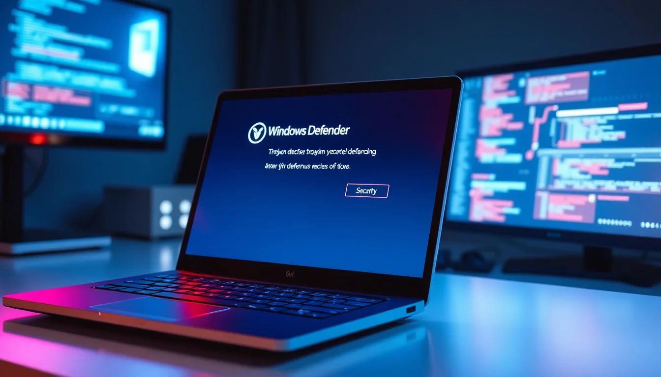 Windows Defender security scan in progress on a laptop screen with a quarantined Trojan alert, cool blue and red warning lighting, focused professional atmosphere