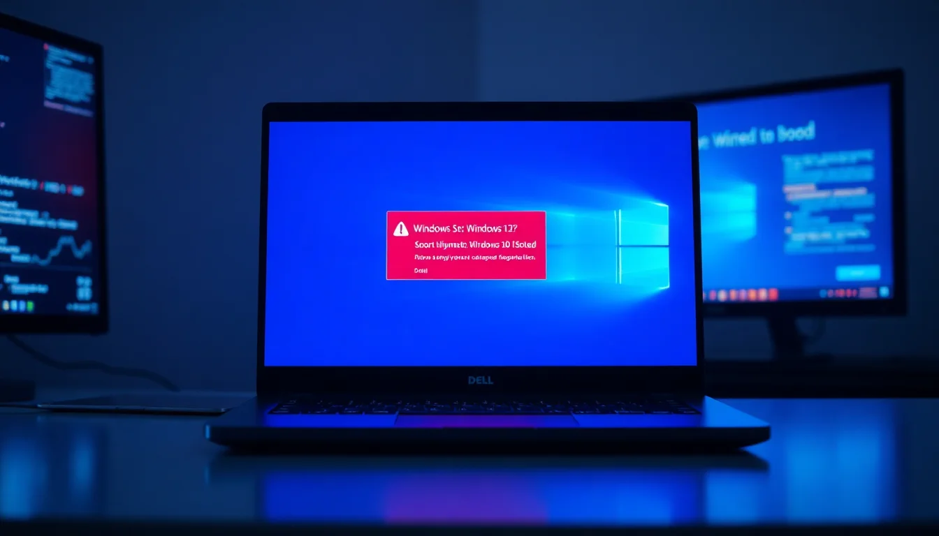 Windows 10 laptop displaying blue screen of death with UNEXPECTED_KERNEL_MODE_TRAP error code on modern desk, dramatic red and blue error lighting, professional diagnostic atmosphere