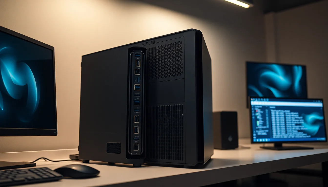 Windows 11 desktop showing Device Manager with USB 3.0 controller highlighted, rear I/O ports visible on tower computer, professional workspace lighting