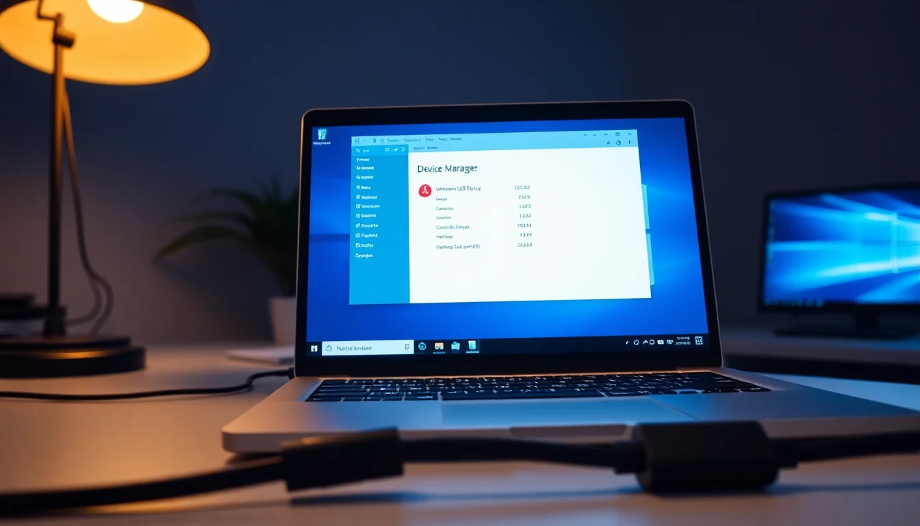 Windows Device Manager showing Unknown USB Device with Device Descriptor Request Failed error message highlighted in red on a modern desktop computer setup