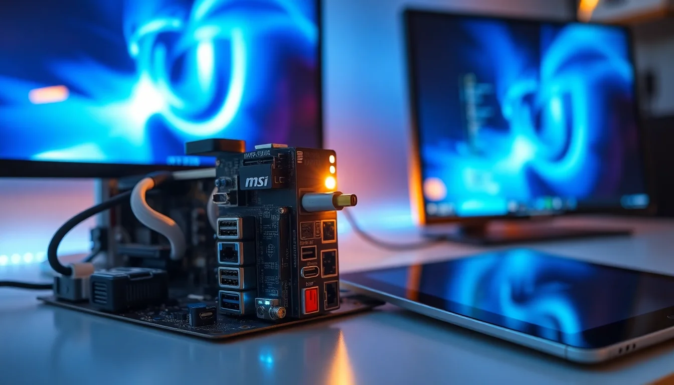 MSI PRO X870E-P WiFi motherboard rear USB4 port with iPad connected showing unknown device error in Windows Device Manager