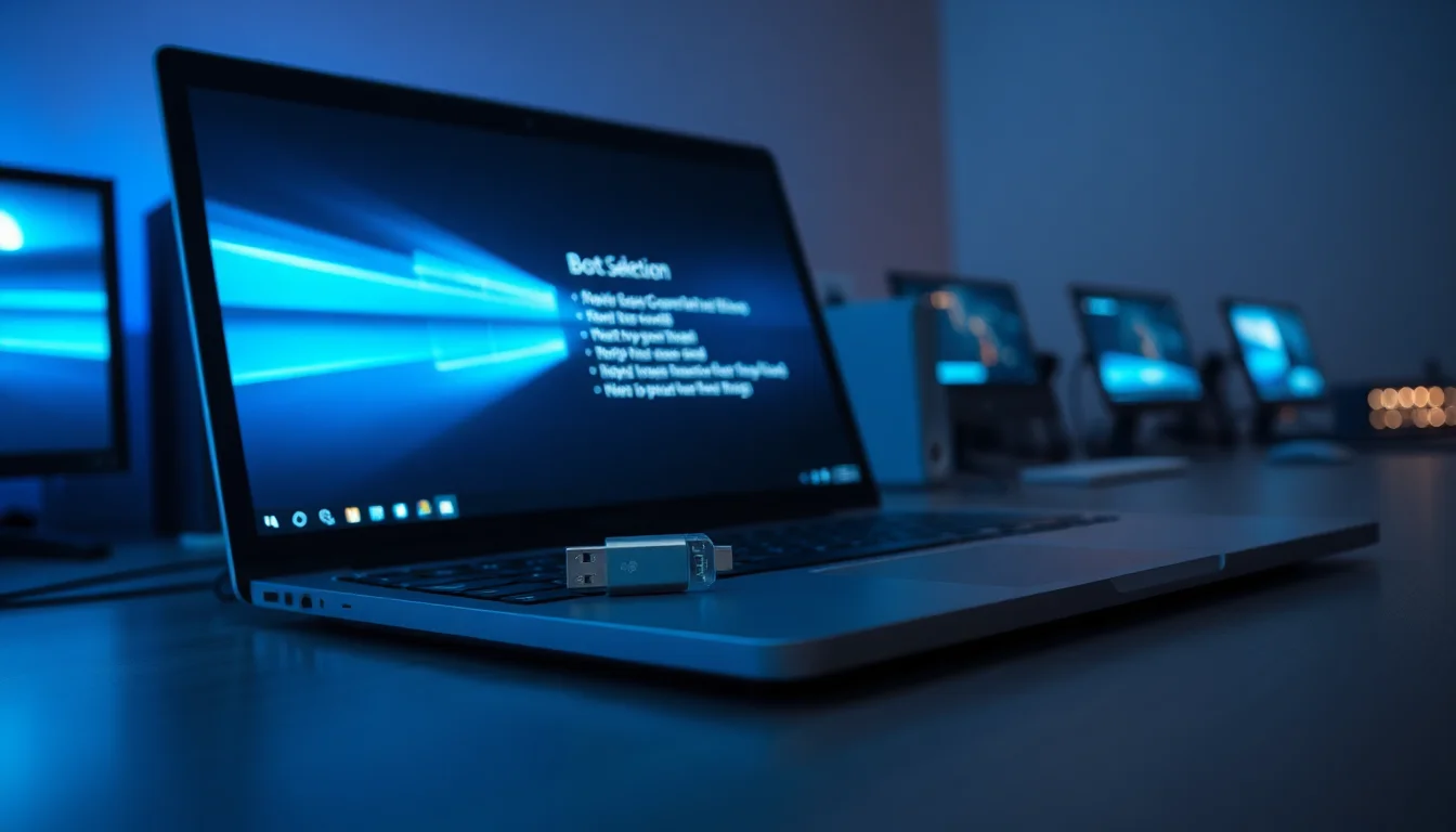 A USB drive connected to a Windows laptop on a desk displaying a Ventoy multi-boot ISO selection menu