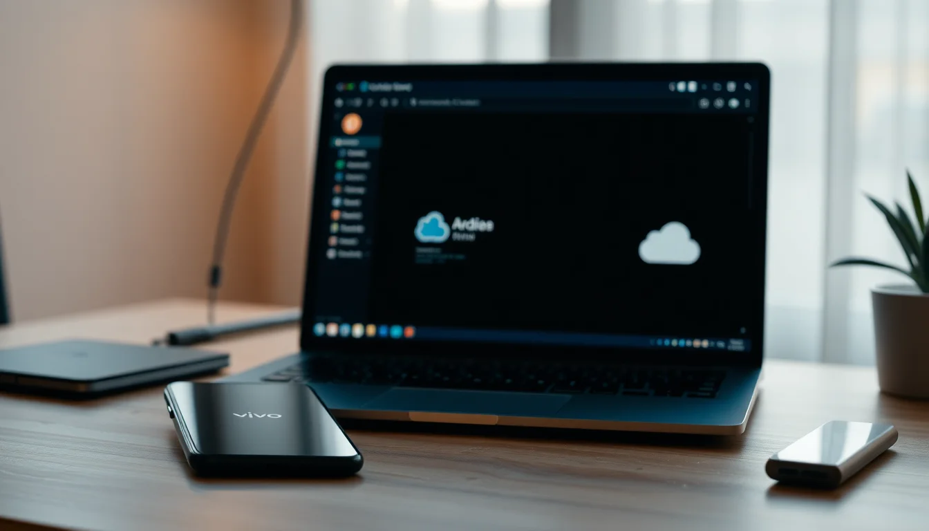 Vivo X300 Pro smartphone on a desk next to a laptop showing a backup progress screen with folders and cloud icons