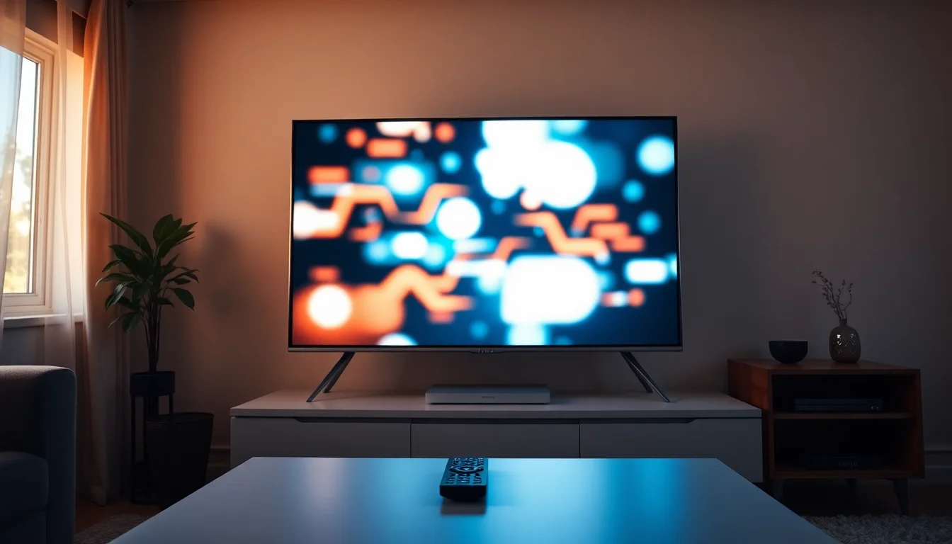 Vizio TV on wooden entertainment stand with remote control nearby, soft warm lighting from side window, peaceful calm atmosphere