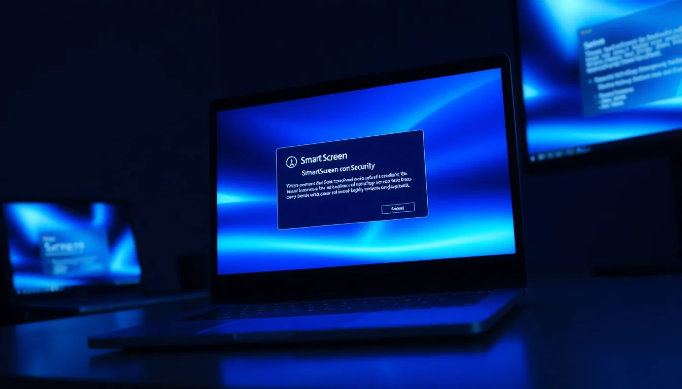 Windows 11 laptop on a dark desk showing a SmartScreen warning dialog blocking a backup application executable from launching