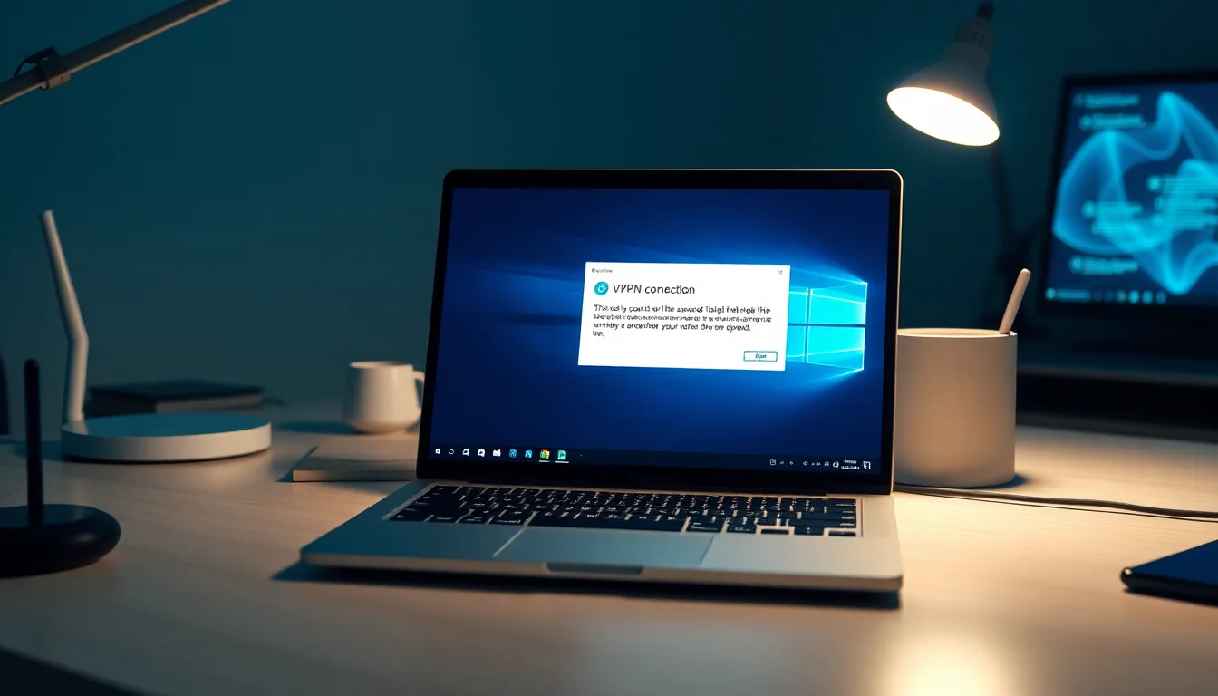Windows 11 laptop displaying VPN connection error 800 message on screen, desk setup with router nearby, blue diagnostic lighting from screen, focused professional atmosphere