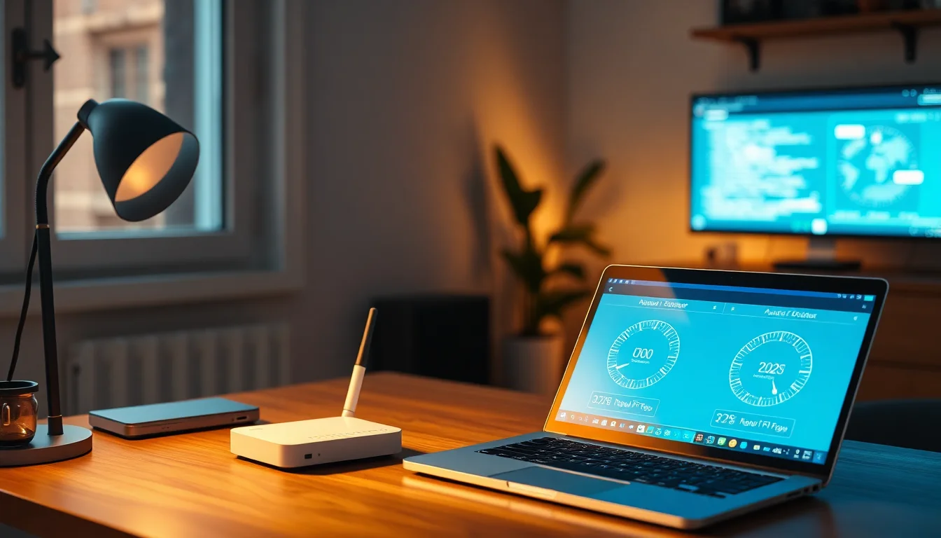 A home router and laptop on a wooden desk showing speed test results with VPN connected versus disconnected, illustrating the VPN faster than no VPN problem