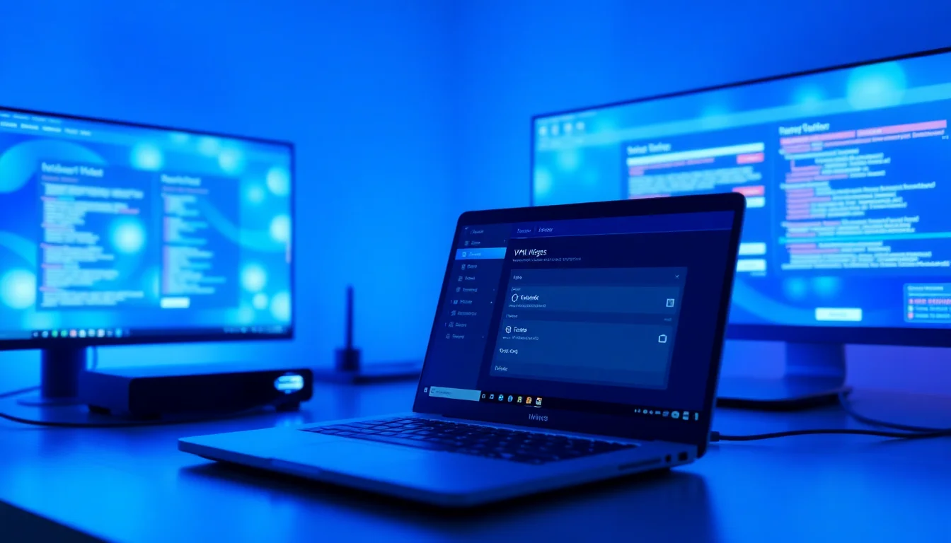 Windows PC connected to VPN showing router port forwarding settings and firewall configuration, clean desk setup with monitors, cool blue lighting from screens, technical focused atmosphere