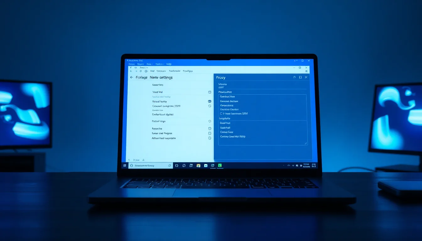 Windows 11 laptop on a dark desk showing network proxy and VPN settings side by side in browser and system settings panels