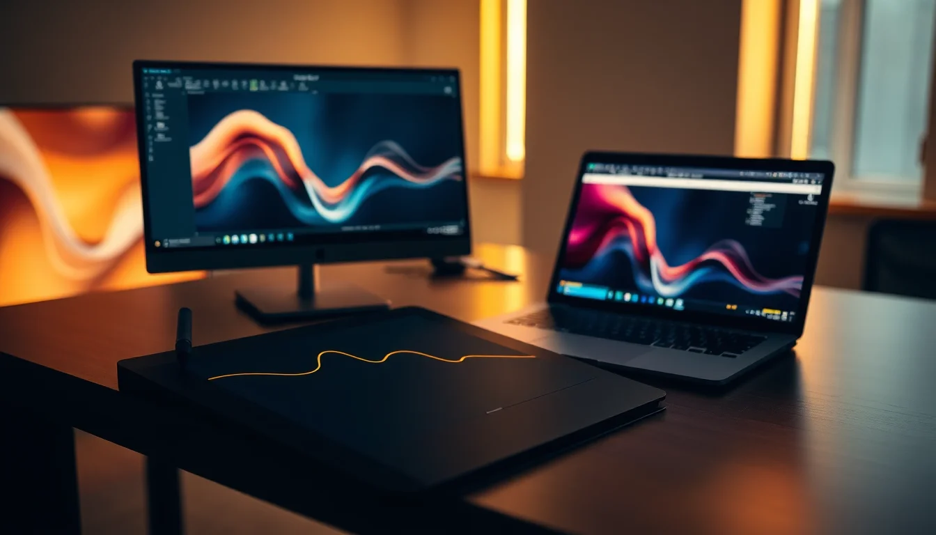 Wacom pen tablet displaying pressure curve testing in Windows 11 with digital art application open, showing brush stroke variation, soft studio lighting, focused and technical atmosphere