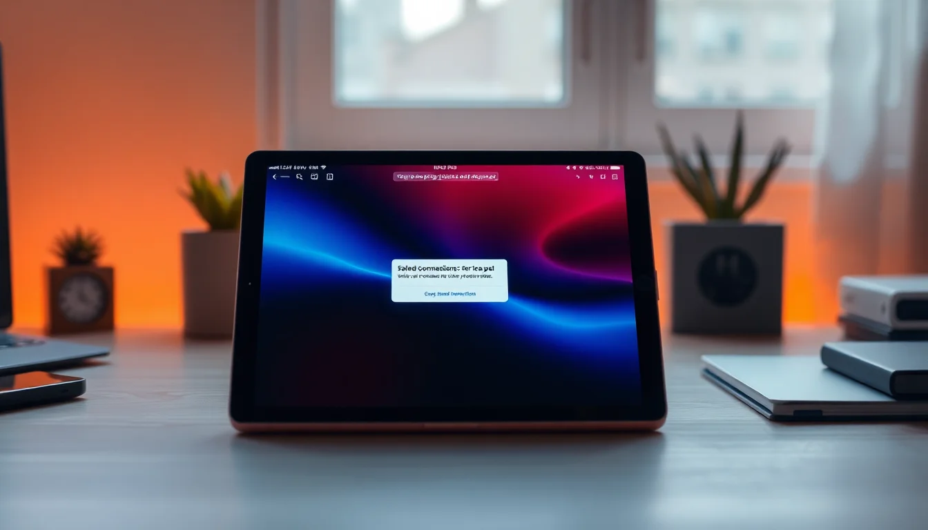 iPad on a wooden desk showing a browser error page with a failed website connection message in Safari