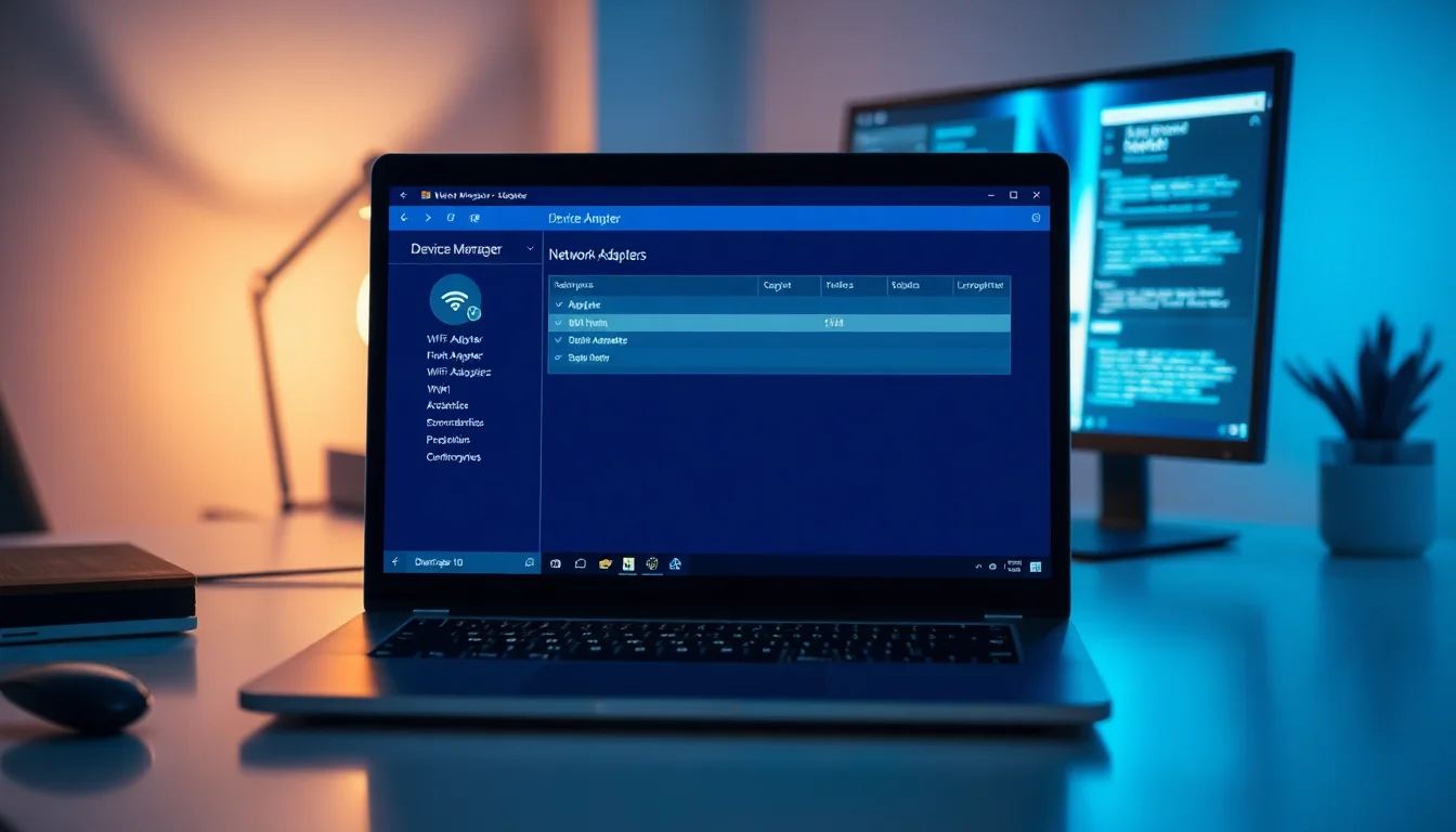 Close-up of Windows 10 device manager showing WiFi adapter properties with power management tab highlighted, modern office desk setup with router