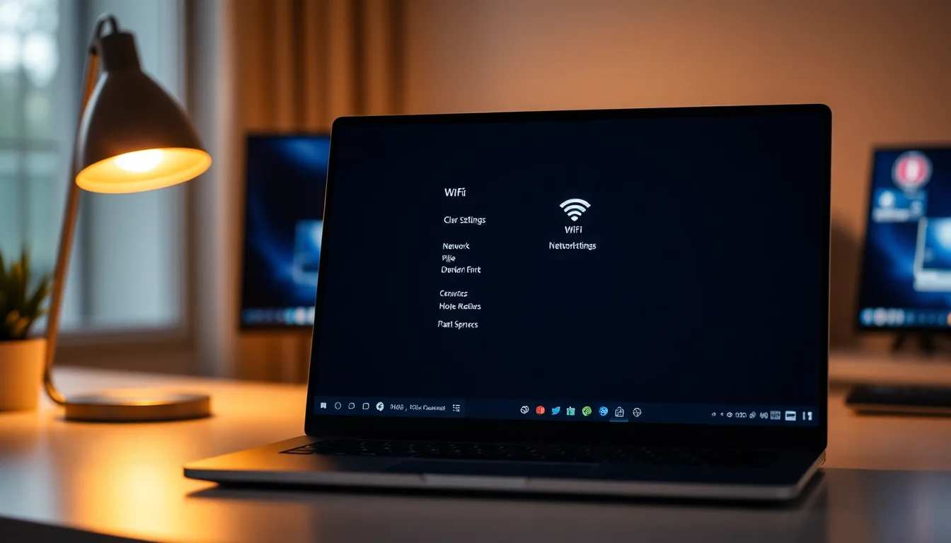 Windows laptop on modern desk showing WiFi connection settings panel, warm desk lamp lighting from side, frustrated but focused atmosphere