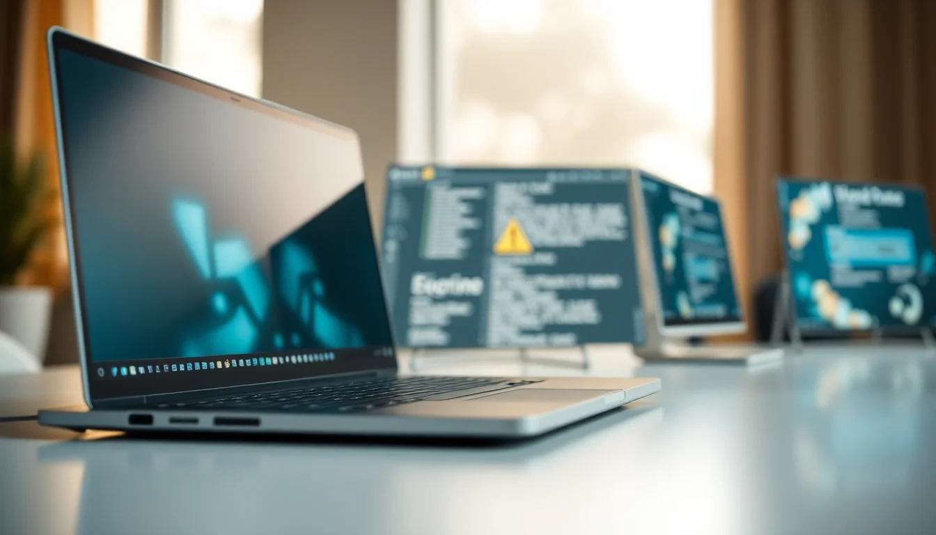 Windows 10 laptop showing WiFi icon with yellow triangle warning indicator on taskbar, sitting on modern workspace desk with warm natural lighting