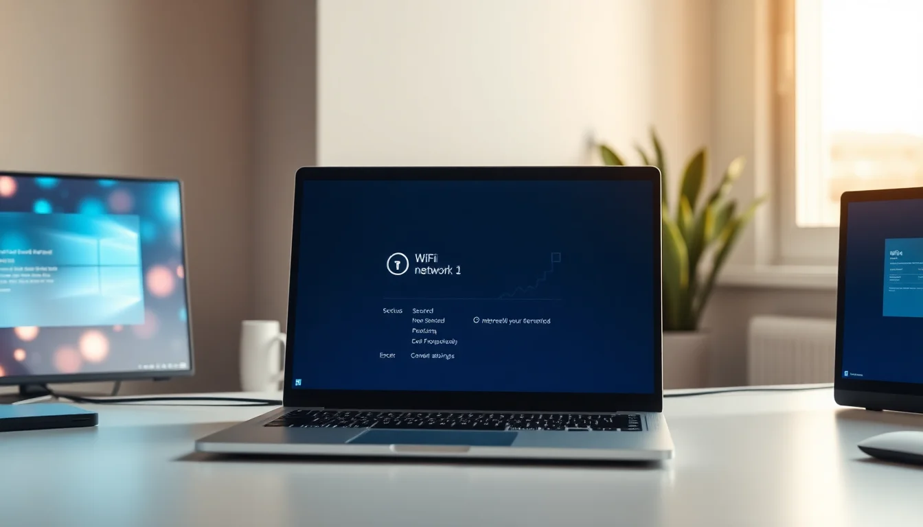 Windows 10 laptop on desk showing WiFi icon with secured status but no internet connection, soft warm desk lighting, frustrated but focused atmosphere
