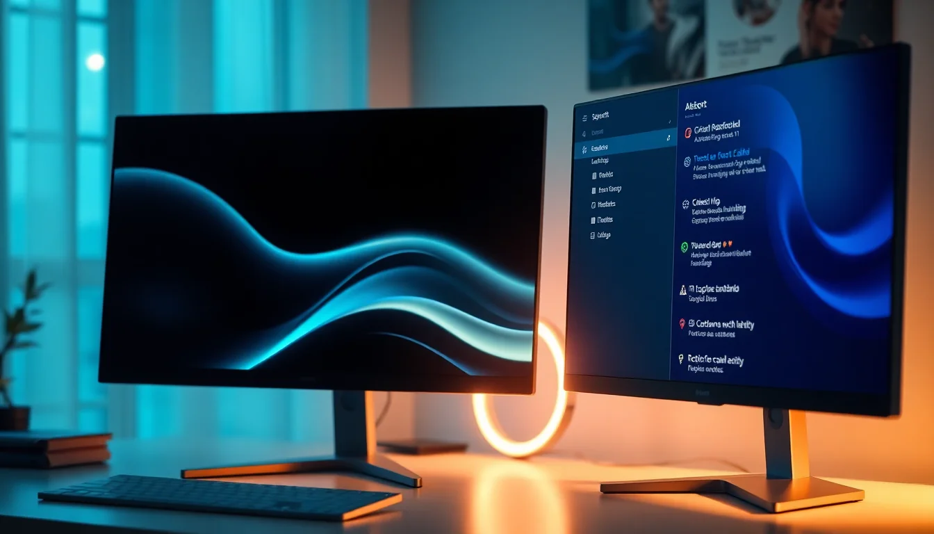 A Windows 10 laptop on a modern desk showing the Action Centre panel open with notification icons visible, soft blue-white ambient lighting from monitor, calm professional atmosphere