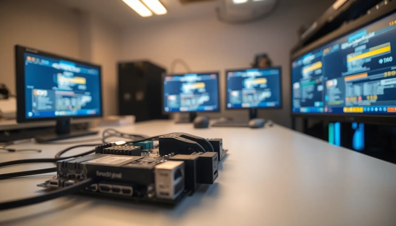 Close-up of desktop motherboard with SATA cables connected to hard drive, warm overhead lighting, focused technical atmosphere