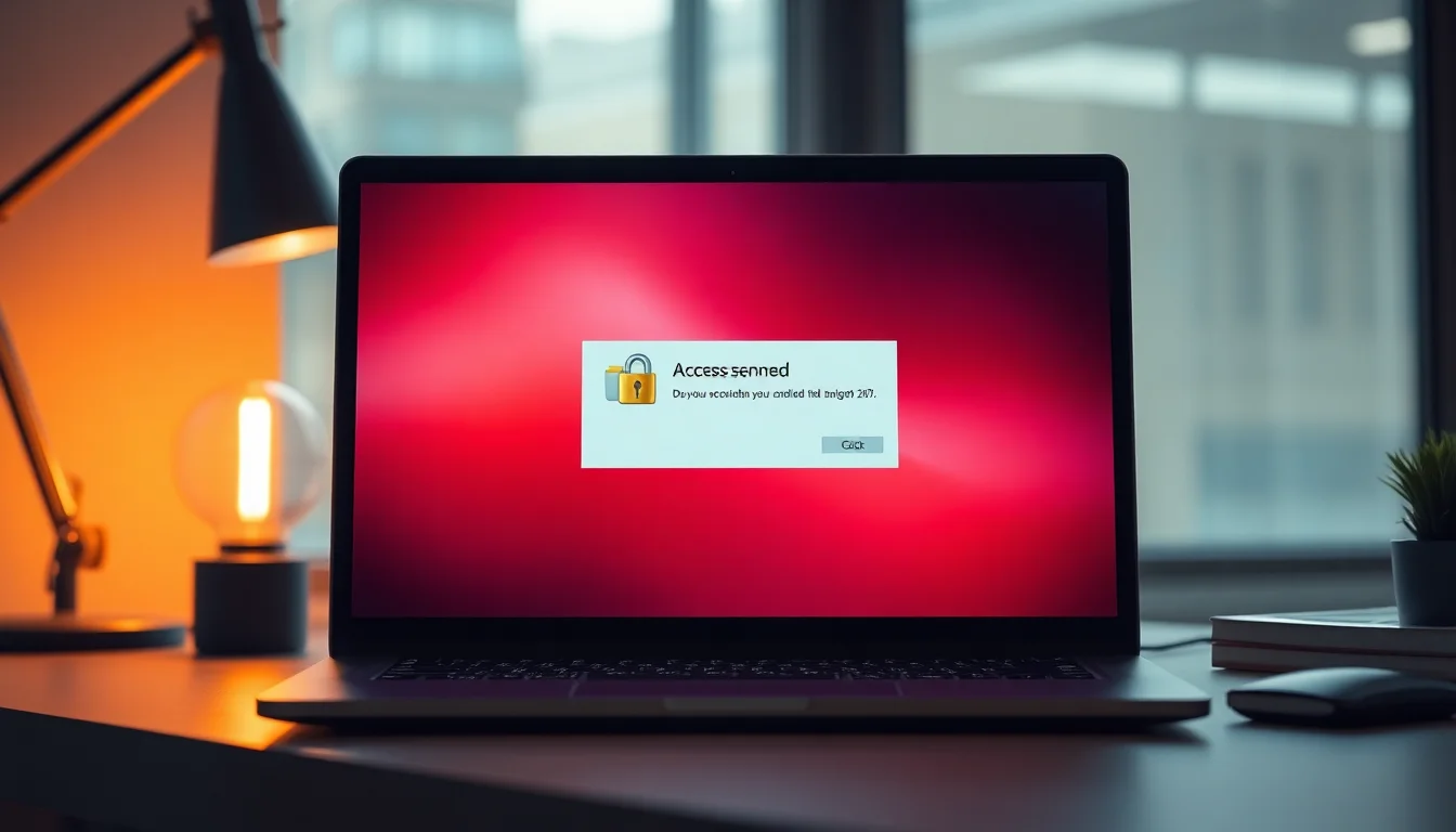 Windows 10 File Explorer showing access denied error message with folder icon, warm desk lighting on a laptop screen, frustrated focused mood