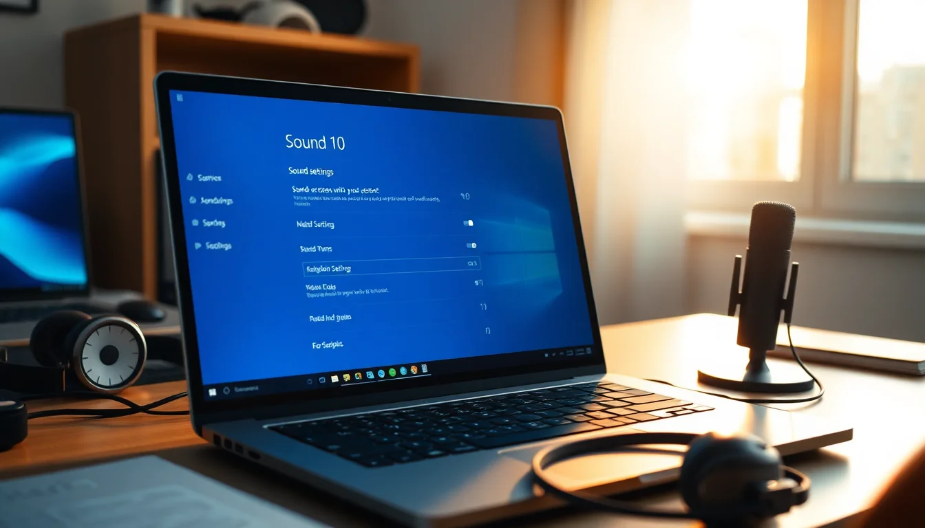 Windows 10 microphone settings panel showing Listen to this device disabled, microphone levels reduced, and enhancements turned off on a modern desktop workspace