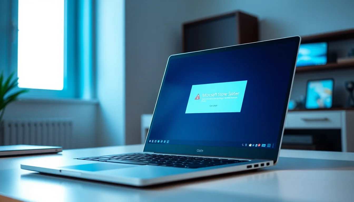 Windows 10 laptop displaying Microsoft Store error code 0x80073CF9 on desktop, soft blue window light from left, focused professional atmosphere