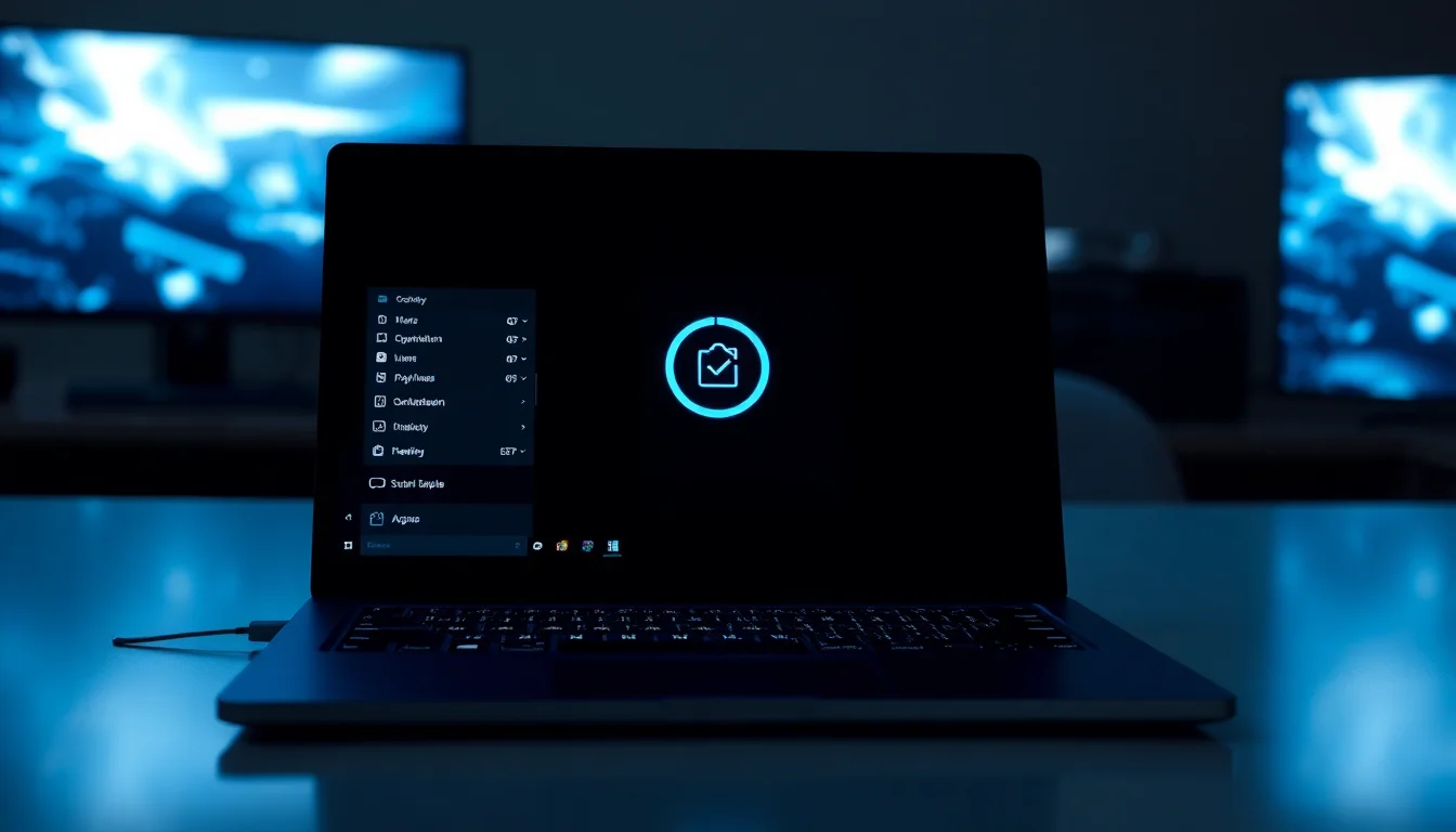 A Windows 11 laptop on a modern desk with the Start Menu open, showing loading spinner icons with blue backlighting, clean professional workspace atmosphere