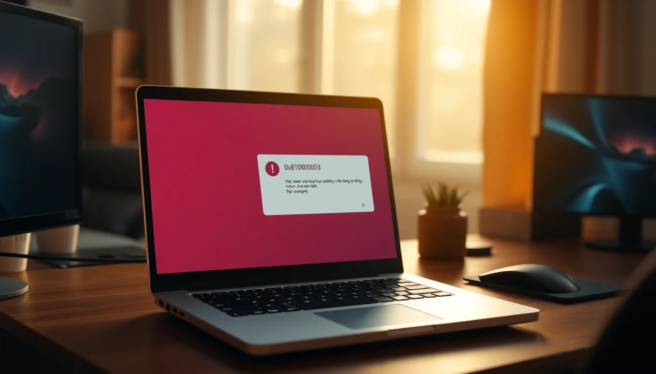 Windows 11 laptop showing backup error 0x81000033 on screen with disk space warning icons, sitting on modern desk with warm side lighting, focused technical atmosphere