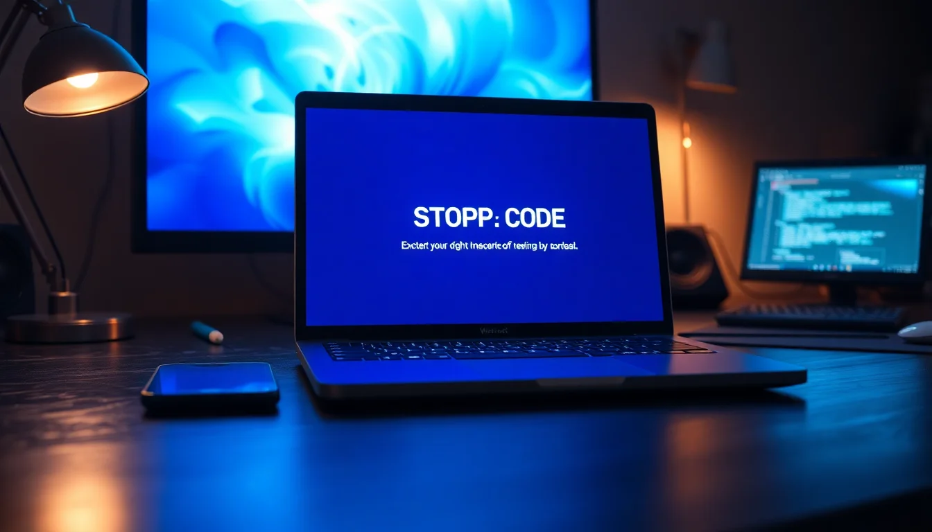 Windows 11 laptop on a dark desk displaying a blue screen of death error with stop code visible on screen