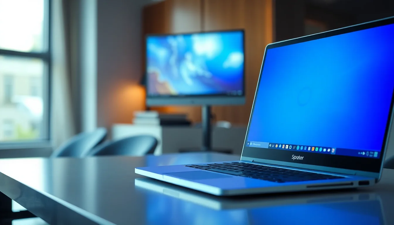 Windows 11 laptop on modern desk showing speaker icon with muted symbol, blue and white system lighting from monitor, focused professional atmosphere