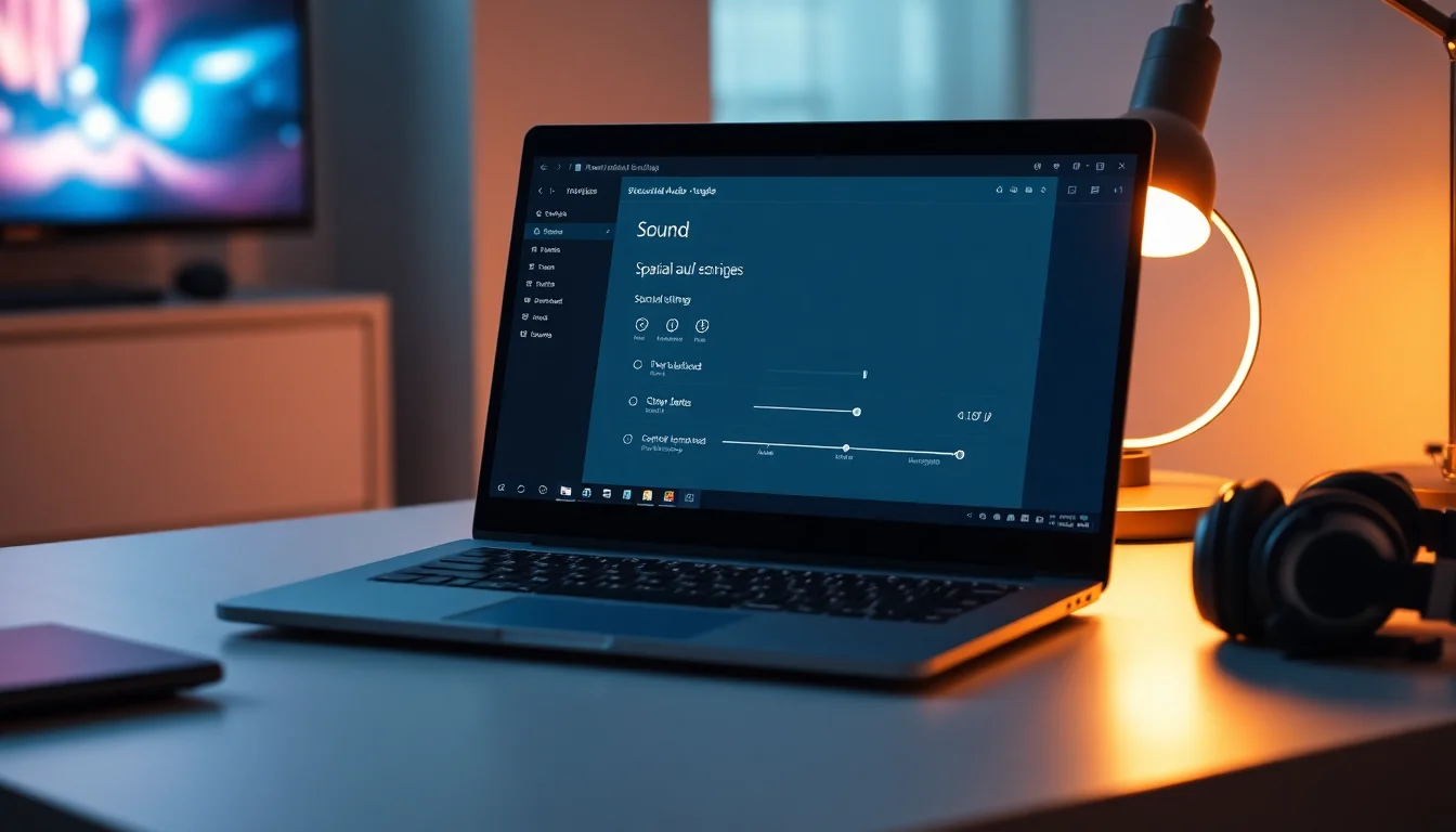 Windows 11 Sound settings panel showing spatial audio options for headphones with Windows Sonic dropdown selected, clean desktop setup with over-ear headphones