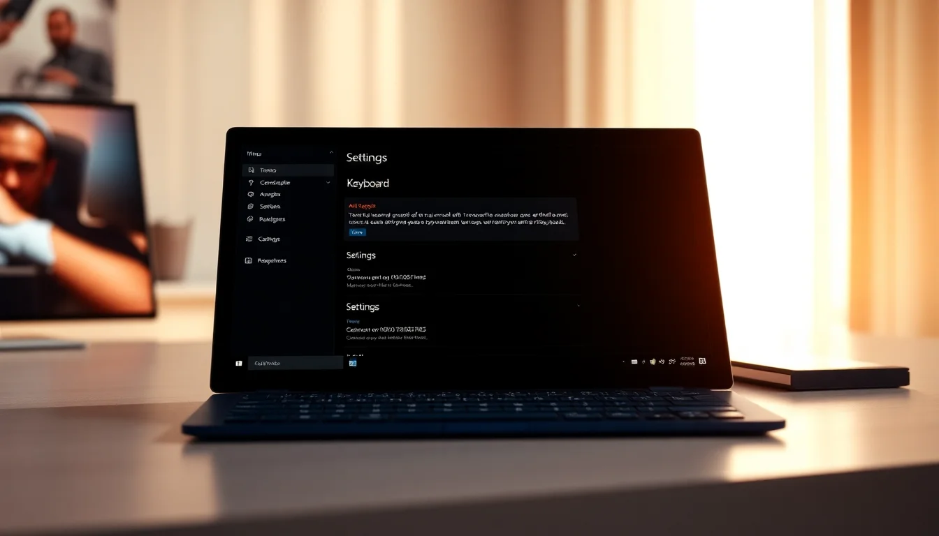Windows 11 tablet device on desk with touch keyboard settings panel open in Settings app, soft warm lighting from window, focused professional atmosphere