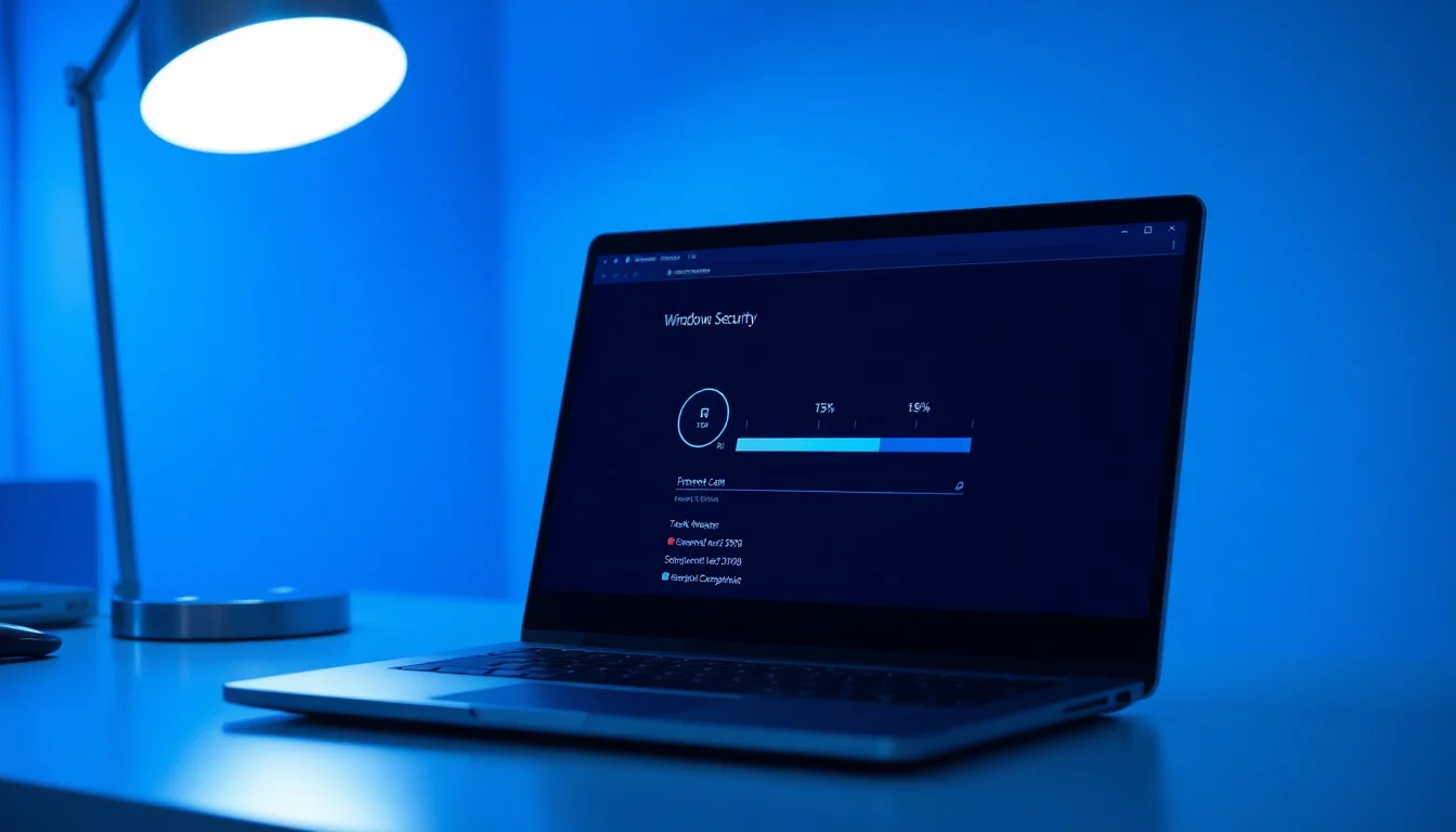 Windows 11 laptop showing security scan progress stuck at 15%, with Task Manager open in background displaying high CPU usage from MsMpEng.exe process