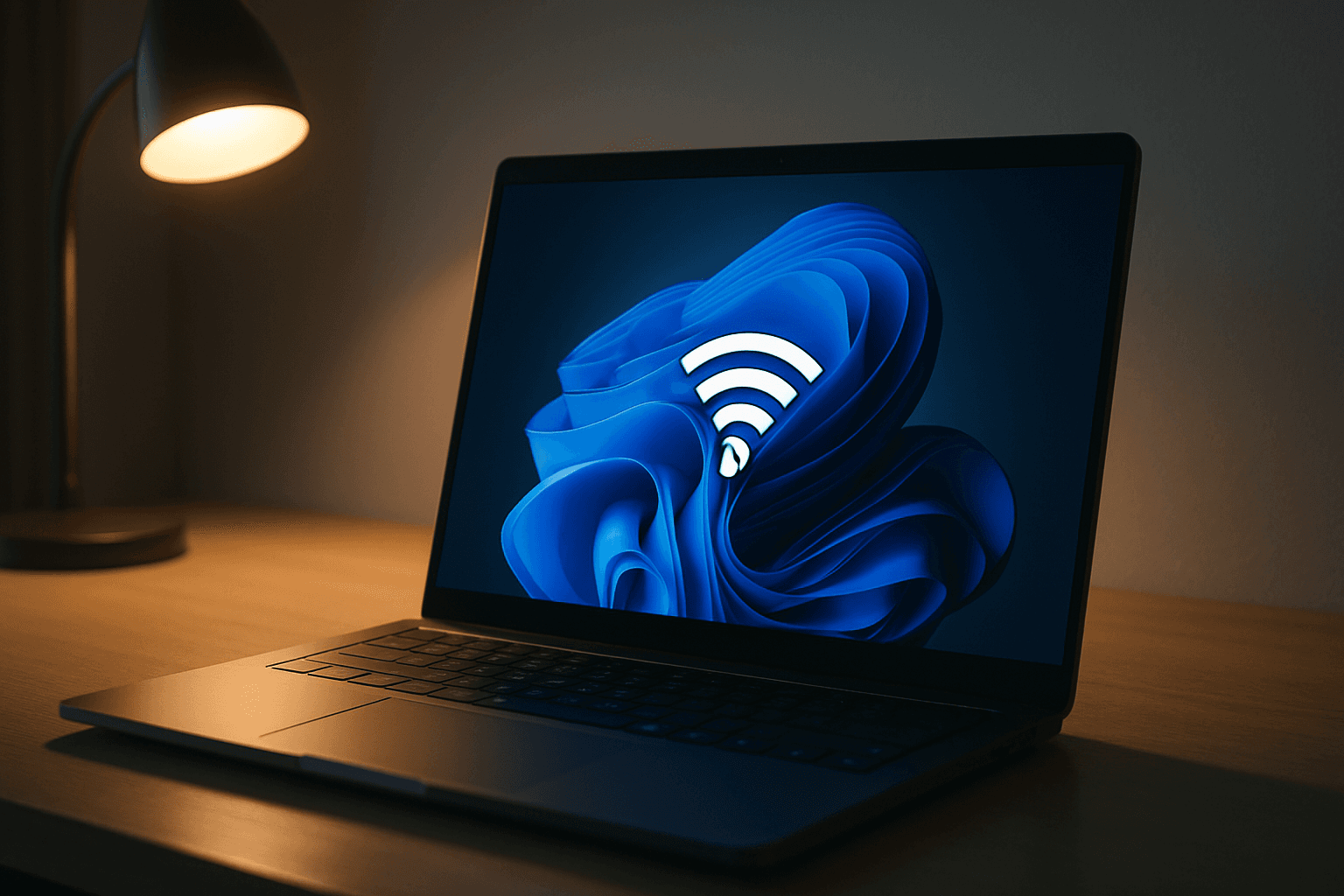 Windows 11 laptop on desk with WiFi connection icon showing intermittent disconnection warning, soft desk lamp lighting, focused troubleshooting atmosphere