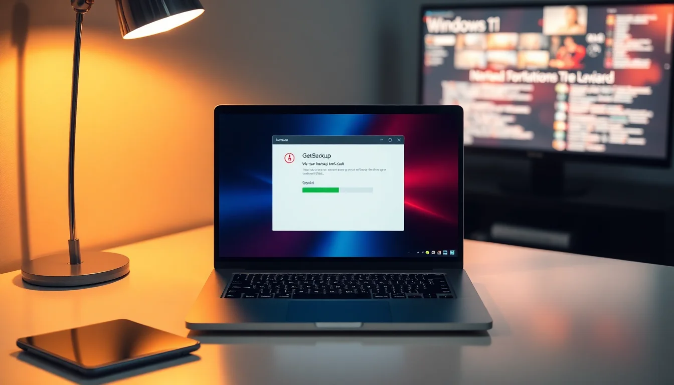 Windows 11 laptop on a desk with backup software window showing failed backup error, warm desk lamp lighting from side, calm but focused atmosphere