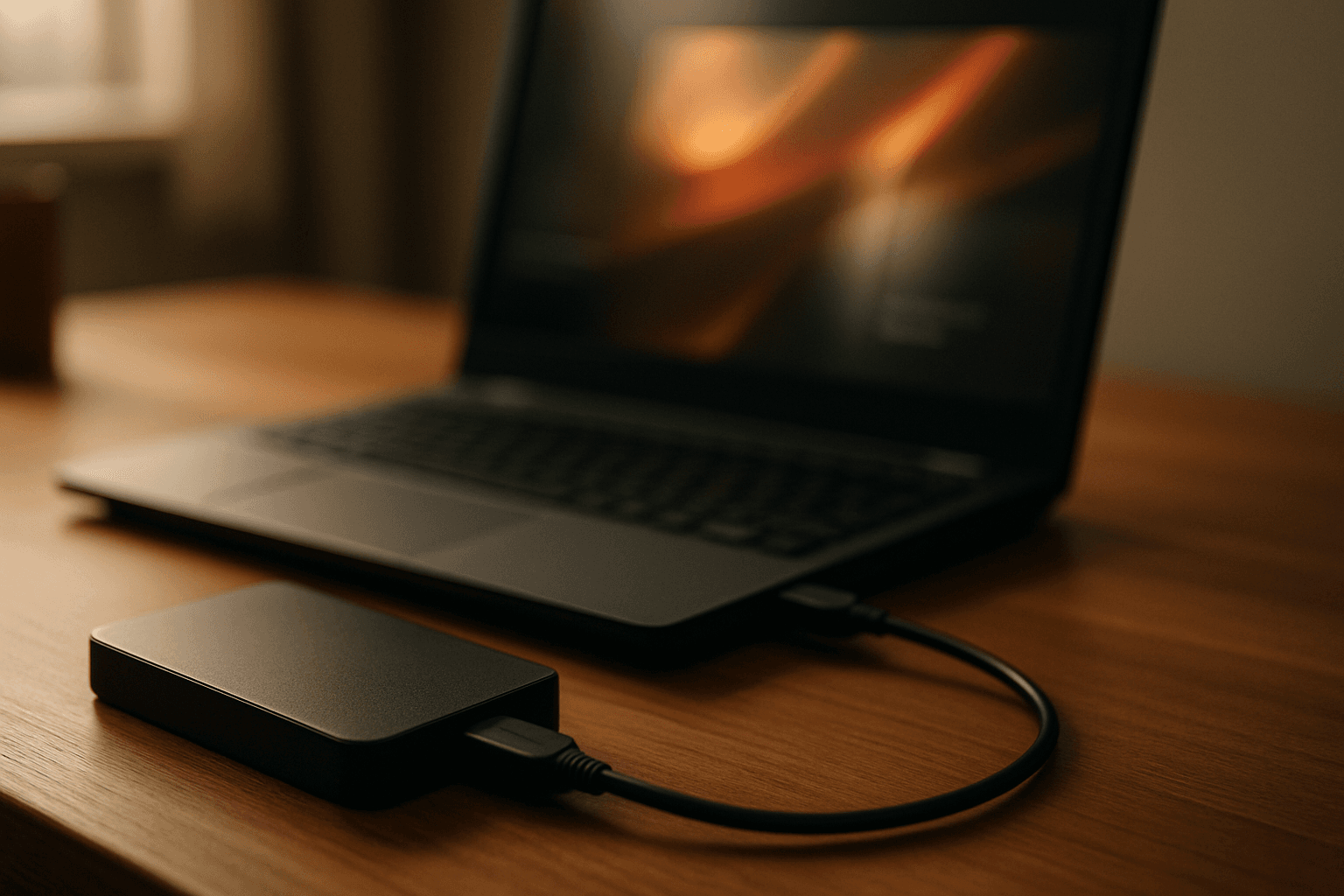 External hard drive and laptop on a clean desk showing Windows backup settings screen in a calm home office