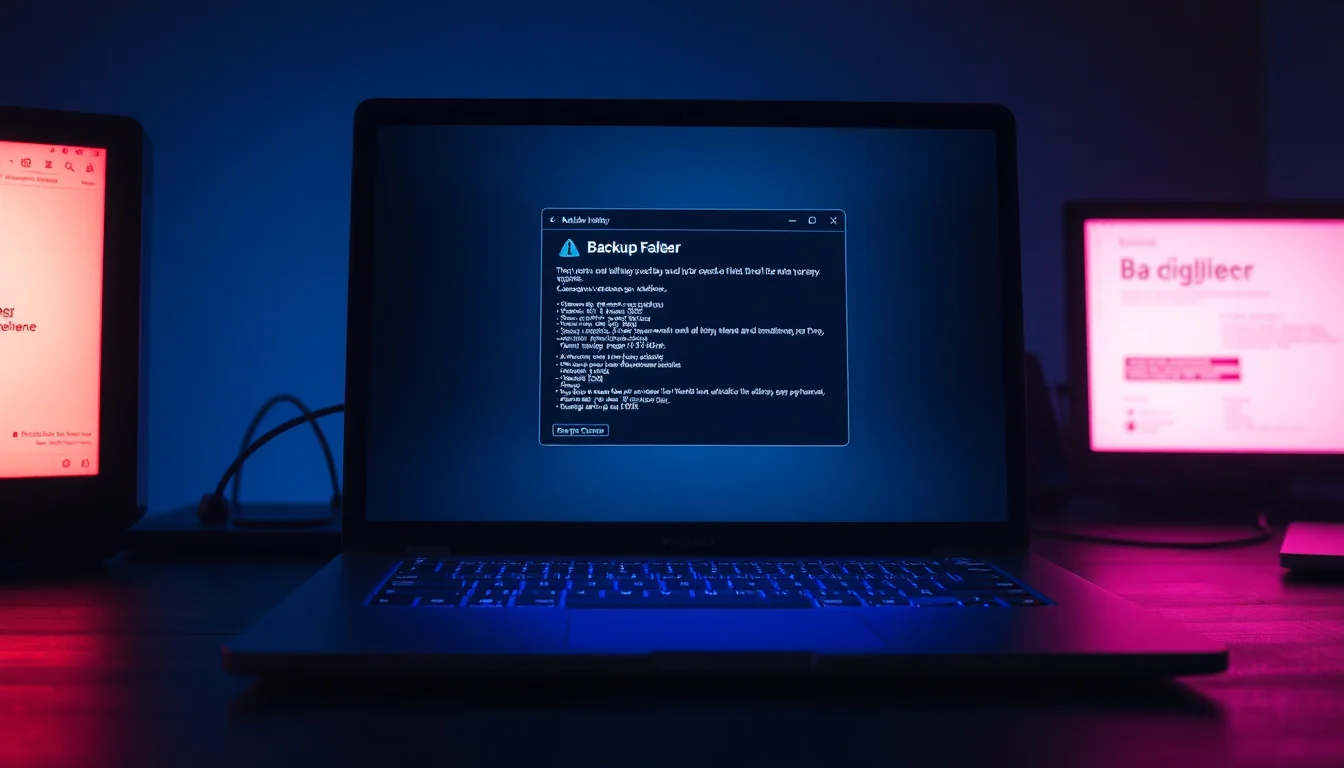 A Windows laptop on a dark desk displaying a backup failure error dialog with folder icons and a version history panel open on screen